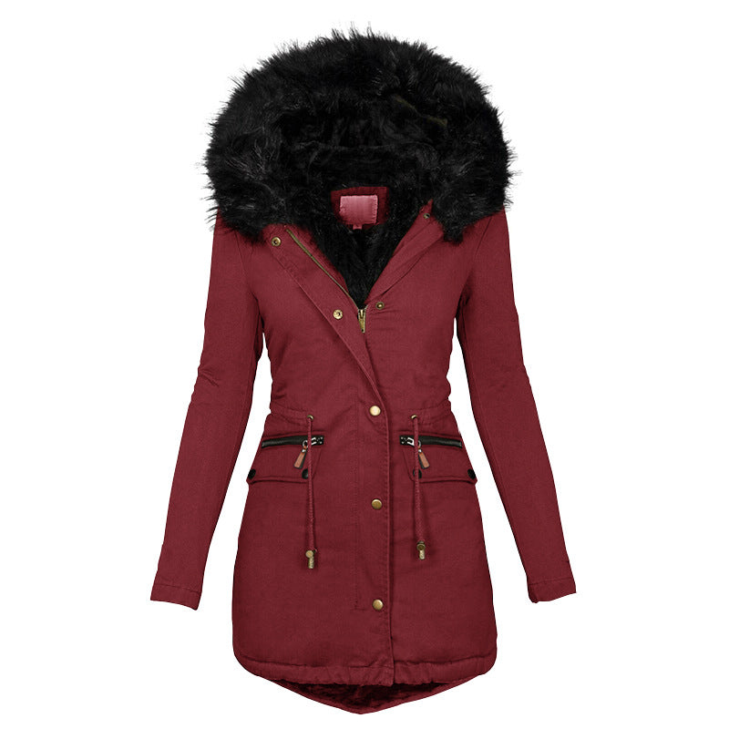 Women's Plush Hooded Parkas Winter Warm Thick Zip-up Jackets Casual Mid-length Solid Buckle Pockets Coat Outerwear Clothing