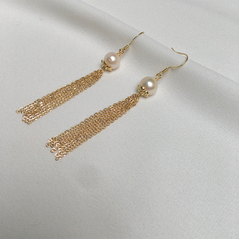 Natural Big Pearl Vintage Chain Tassel Earrings