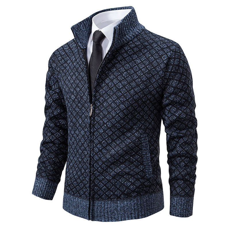 Thickened Plaid Print Jacket Cardigan Fashion Slim Fit Zipper Stand Collar Sweater Winter Men's Casual Long Sleeve Knitted Top Clothing