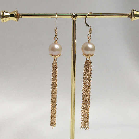 Natural Big Pearl Vintage Chain Tassel Earrings