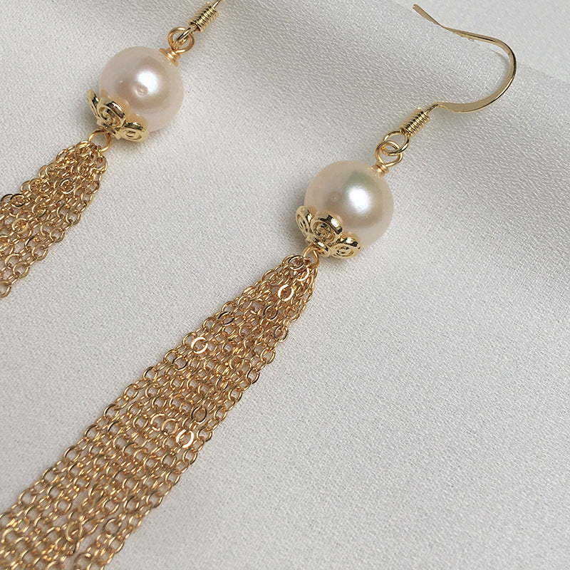 Natural Big Pearl Vintage Chain Tassel Earrings
