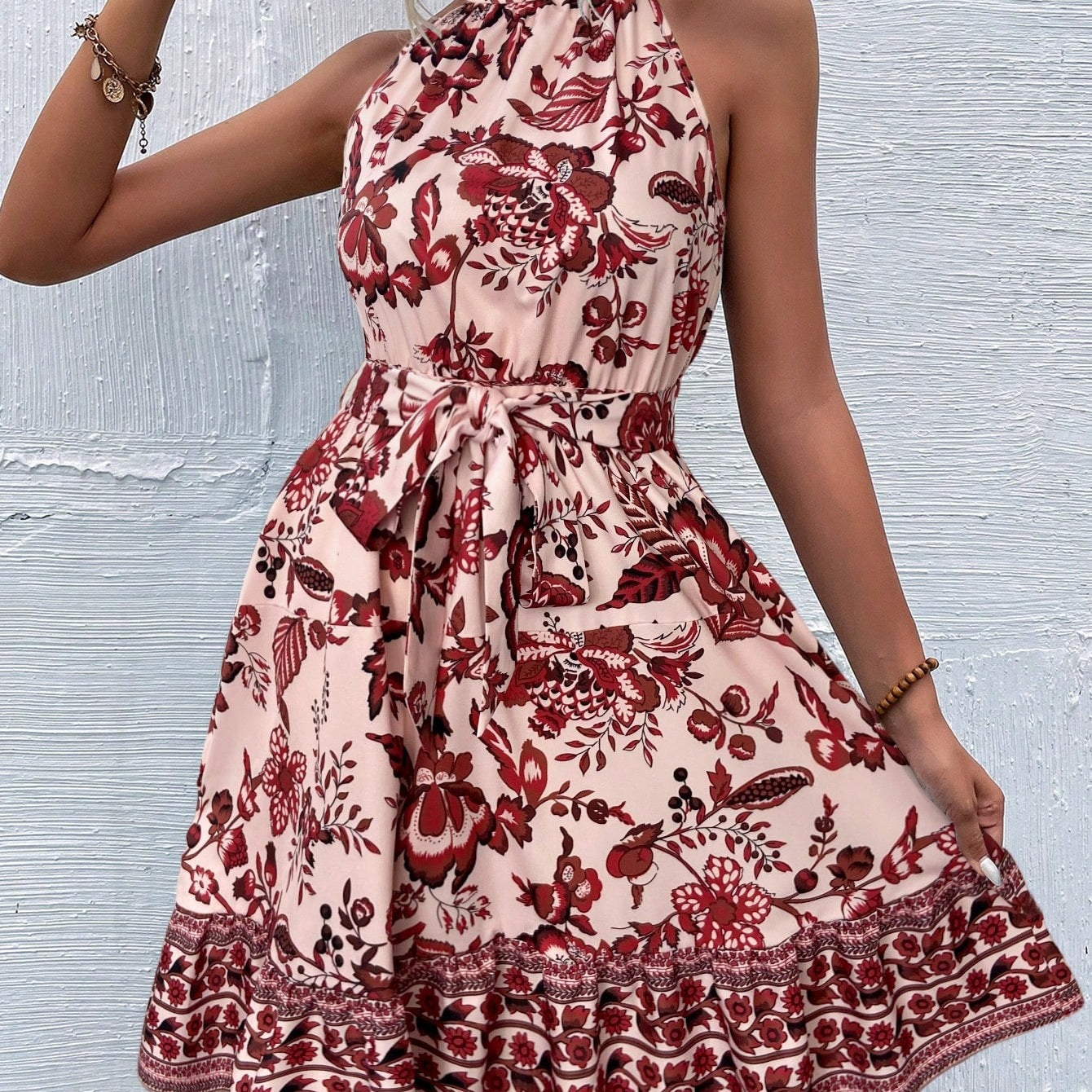 Fashion Floral Halter Waist Ladies Dress