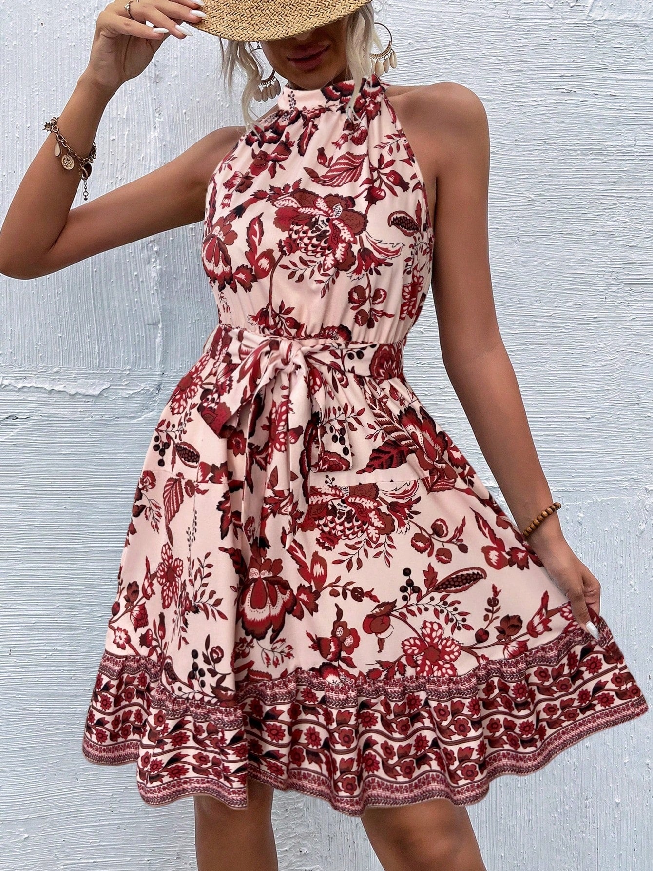 Fashion Floral Halter Waist Ladies Dress